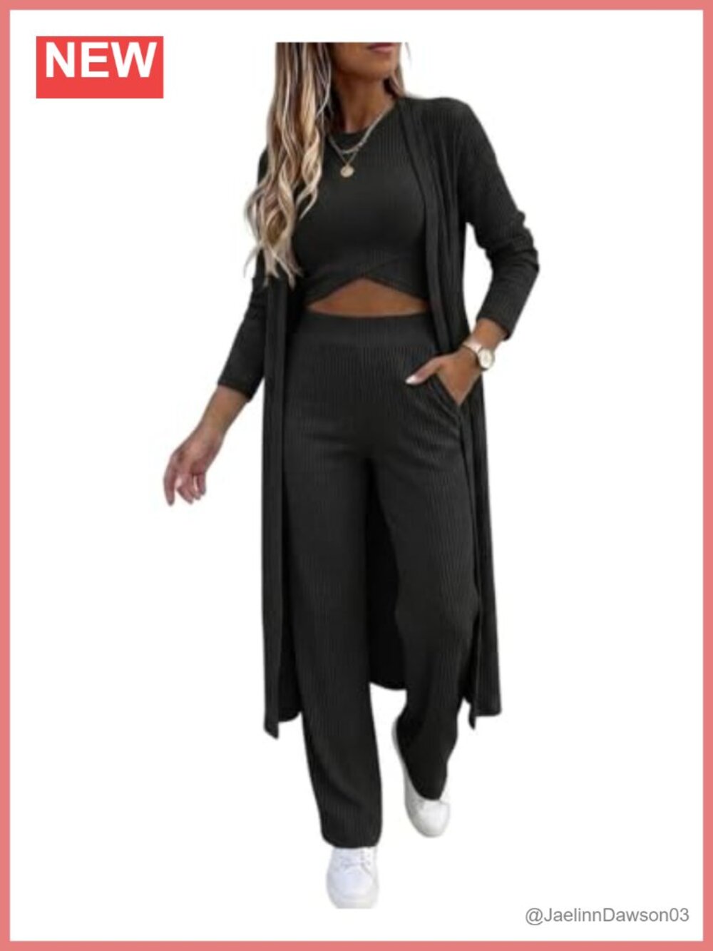 3 Piece Lounge Set Ribbed Knit Cardigan Crop Tank Wide Leg Pants